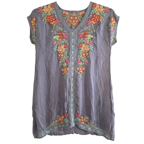Johnny Was Heidi Boho Embroidered Tunic Medium Graphite Gray Floral Flowers - Picture 5 of 11